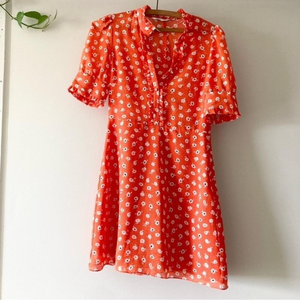 Zara Orange Floral Print Mini Dress‎ Rhinestone Buttons - Picture 4 of 9